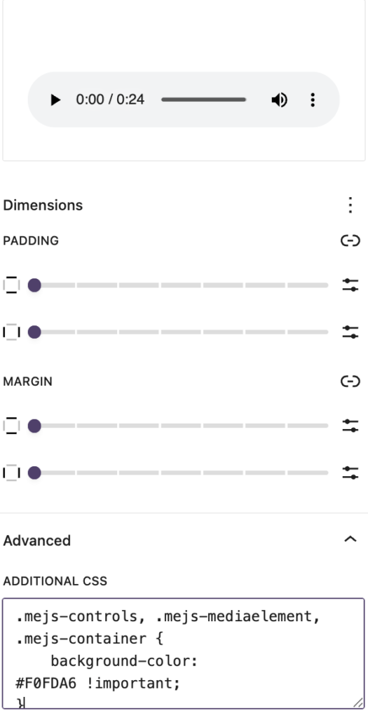 screenshot showing custom css for audio bar