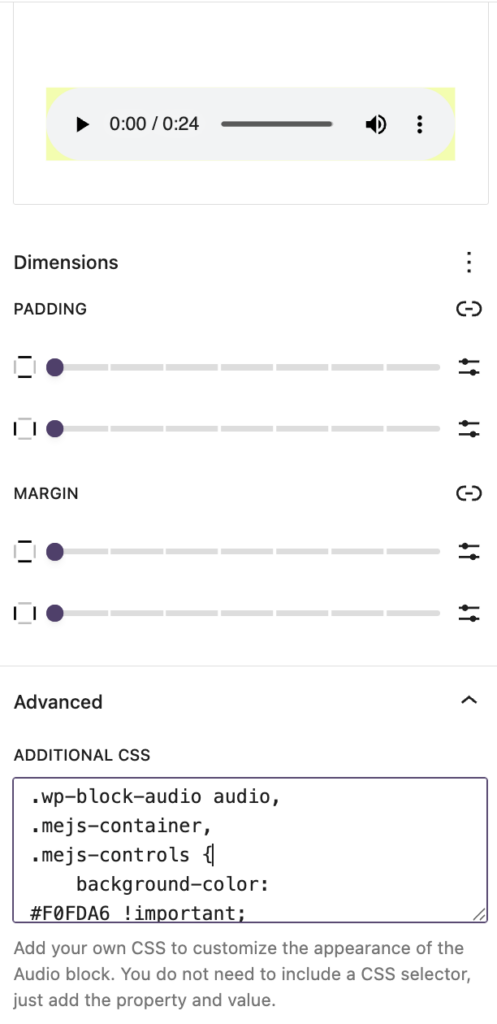 screenshot showing custom css for audio bar