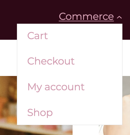 screenshot of the commerce drop down in nav bar