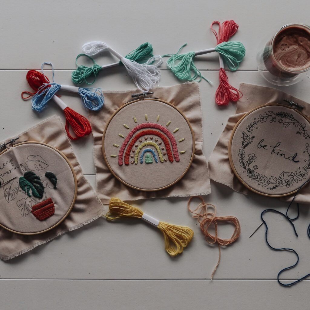 three embroidery projects and thread