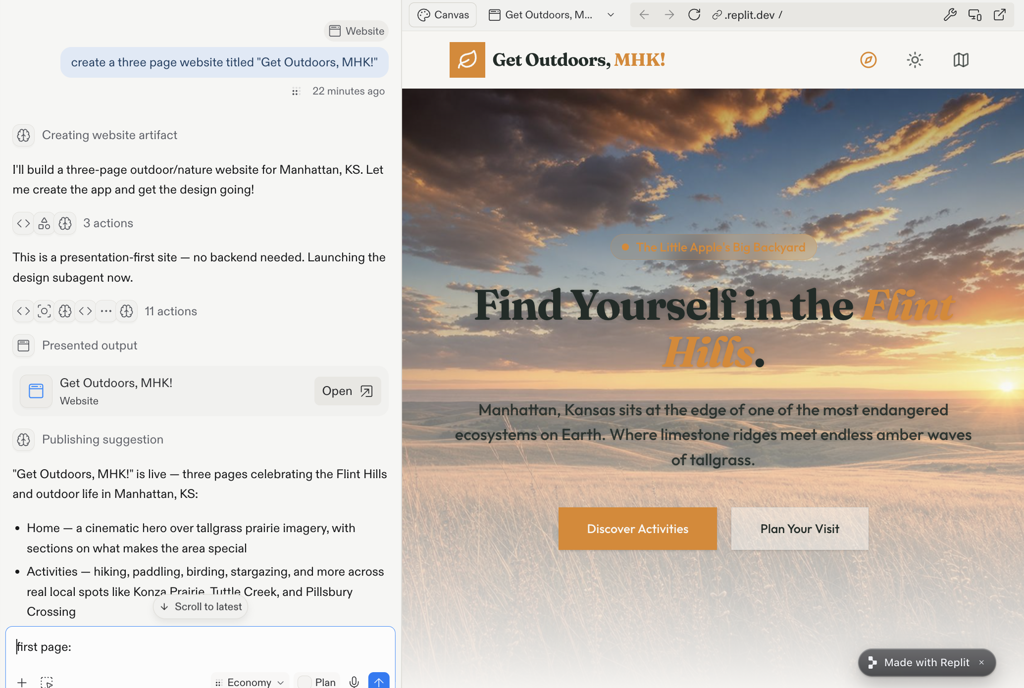 screenshot of the first prompt sent to Replit to explore what it can make